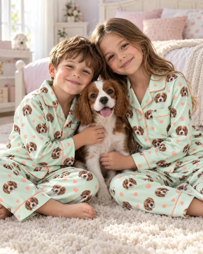 Brother and sister in matching mint pet face pajamas hugging their Cavalier spaniel — MyDogPics