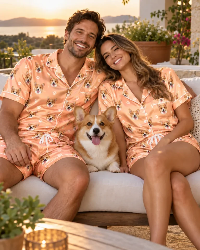 Couple in matching peach short sets printed with their corgi’s face — MyDogPics pet face pajamas