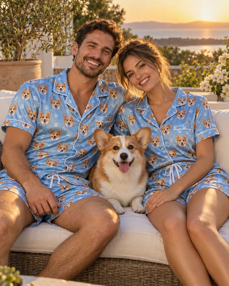 Couple in matching satin short pajama sets printed with their corgi’s face on a patio — MyDogPics pet face pajamas
