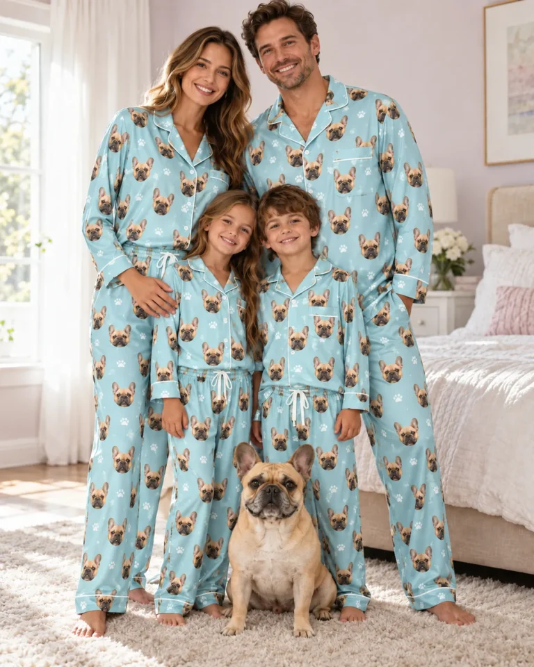 Family of four in matching aqua pet face pajamas standing with their French bulldog — MyDogPics