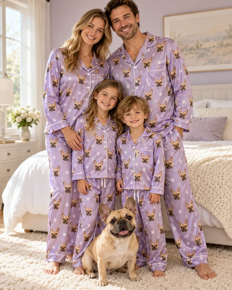 Family in matching satin dog face pajama sets with their French bulldog — MyDogPics pet face pajamas