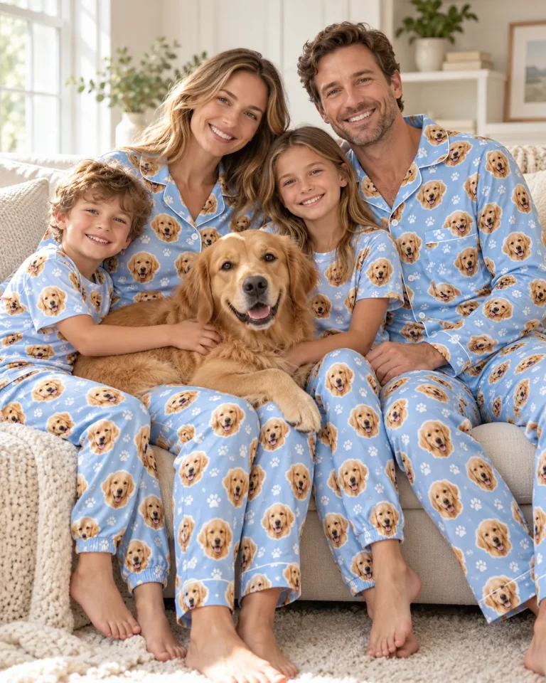 Family in matching dog face pajamas with their golden retriever on the sofa — MyDogPics pet face pajamas