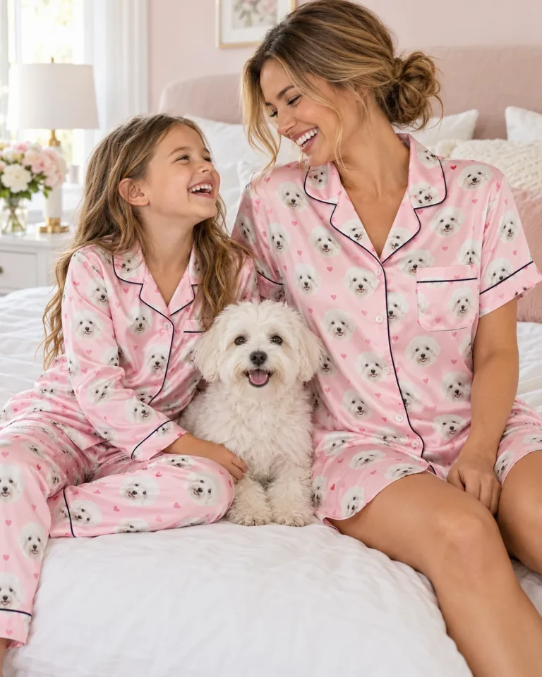 Mother and daughter in matching pink satin pet face pajamas with their fluffy white puppy — MyDogPics