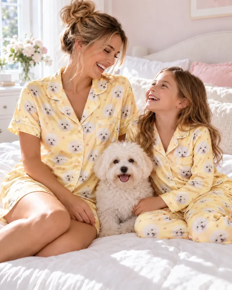 Mother and daughter in matching yellow pet face pajamas with their fluffy white dog — MyDogPics