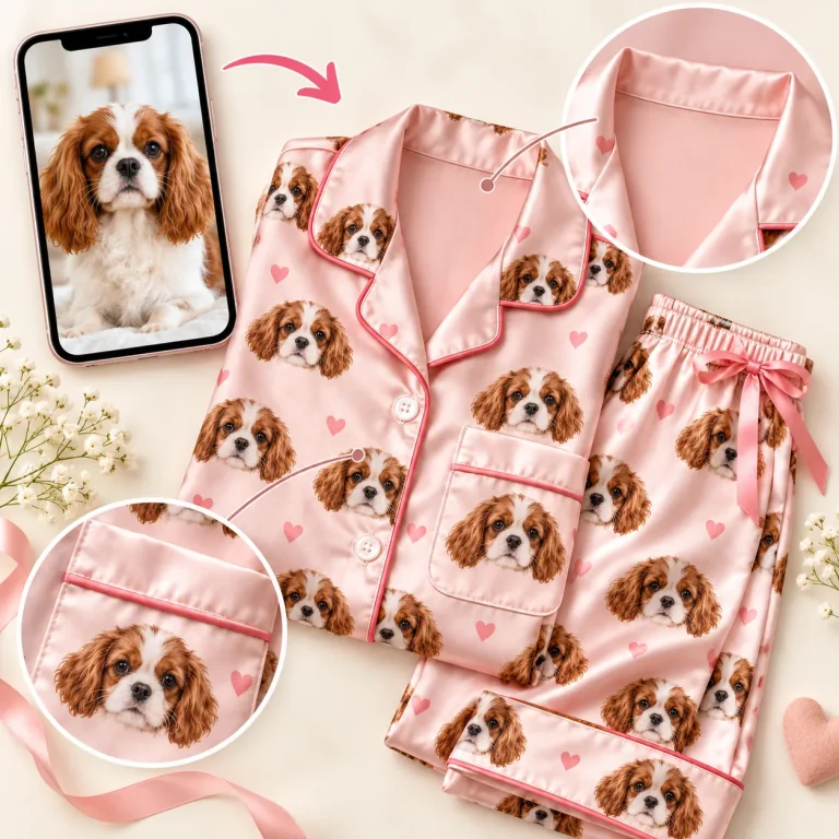 Cavalier spaniel photo beside a blush heart-print satin set with its face — MyDogPics pet face pajamas