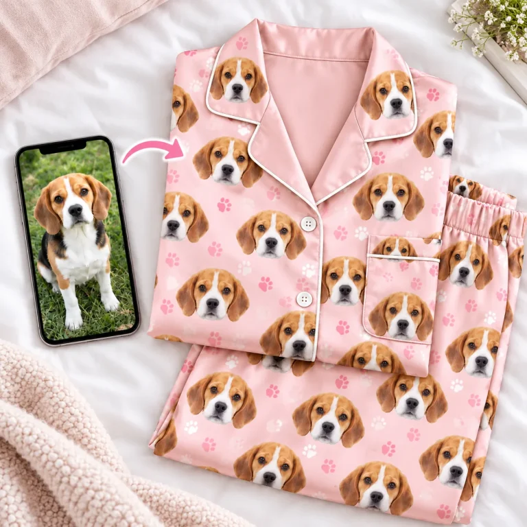Beagle photo on a phone beside a blush paw-print satin set printed with its face — MyDogPics pet face pajamas