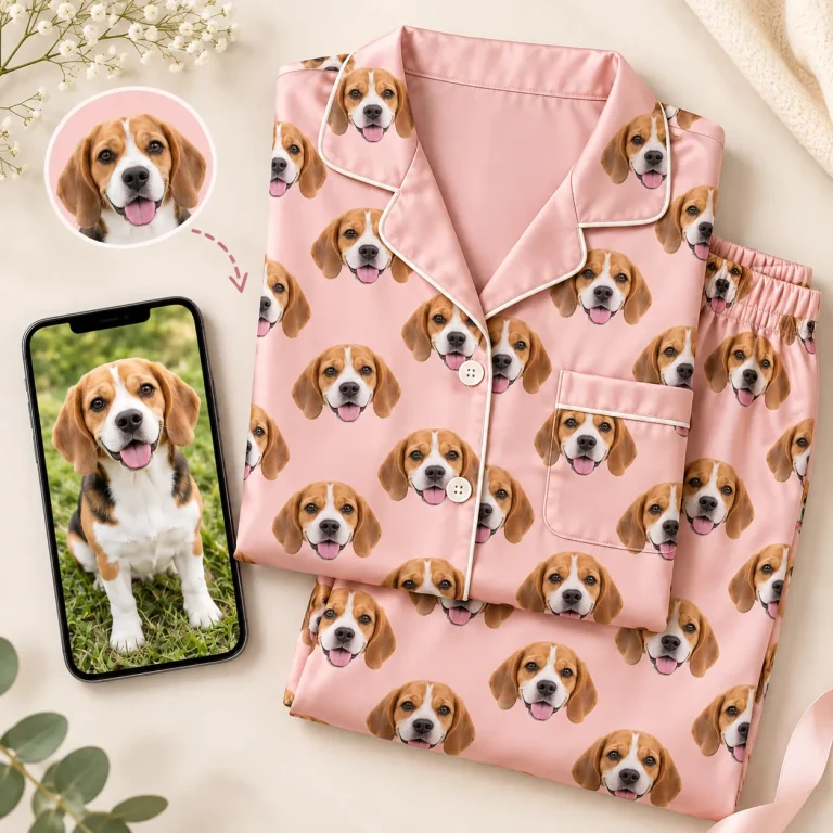 Beagle photo and its cropped face above a blush pink satin set printed with it — MyDogPics pet face pajamas