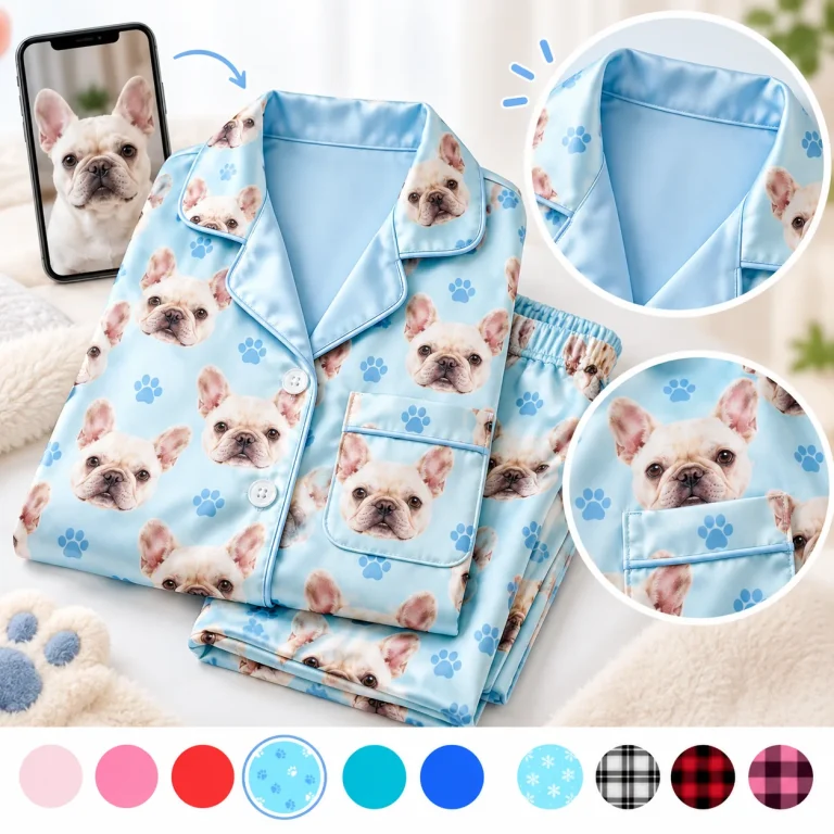 French bulldog photo beside a light blue paw-print satin set and colour swatches — MyDogPics pet face pajamas