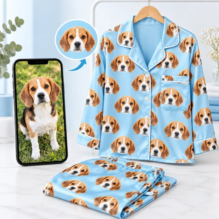 Beagle photo next to a light blue satin pajama top on a hanger printed with its face — MyDogPics pet face pajamas