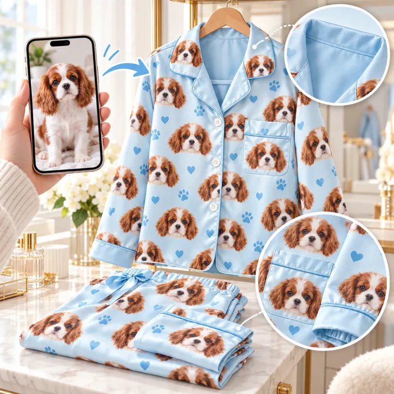 Cavalier spaniel photo beside a light blue paw-print satin set with its face — MyDogPics pet face pajamas
