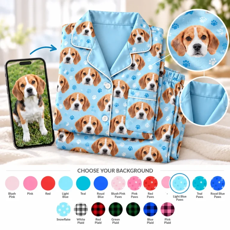 Beagle photo turned into a light blue paw-print satin set, with a solid collar lining — MyDogPics pet face pajamas