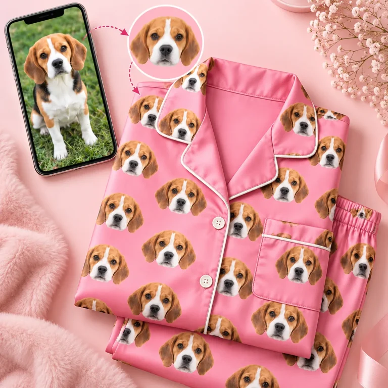 Beagle photo on a phone beside a pink satin set covered in its face — MyDogPics pet face pajamas