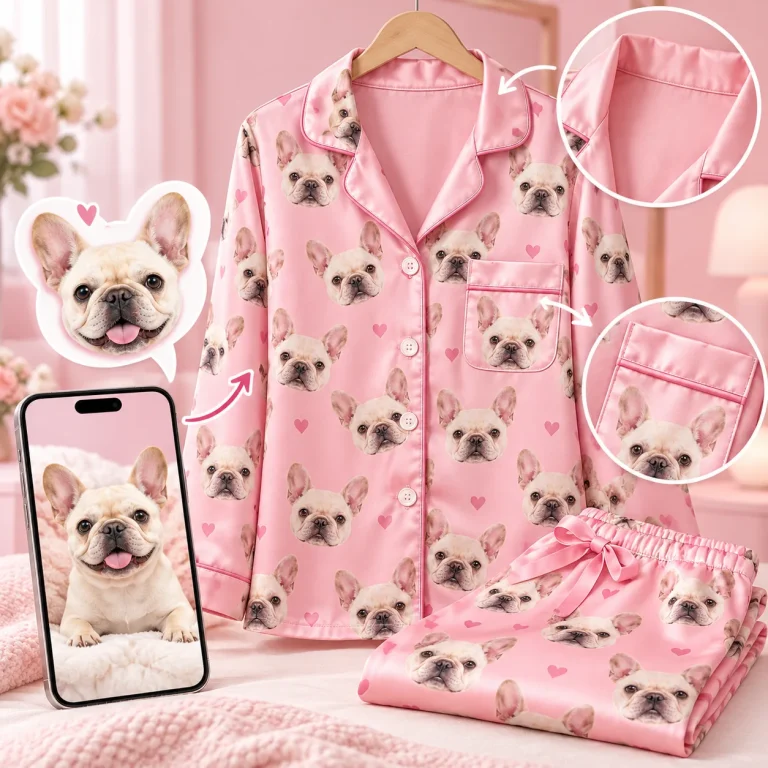 French bulldog photo beside a pink satin pajama set on a hanger printed with its face — MyDogPics pet face pajamas
