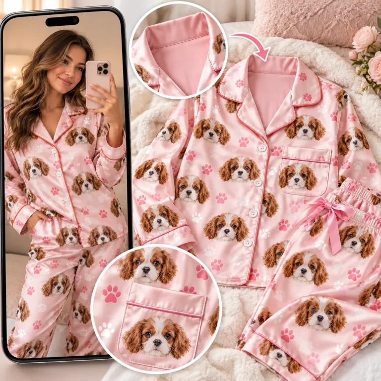 Woman’s selfie in pink satin pajamas printed with her Cavalier, beside the set — MyDogPics pet face pajamas