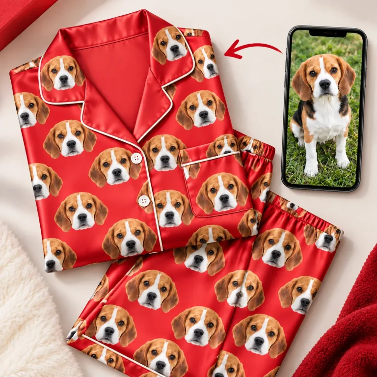 Beagle photo on a phone next to a red satin set printed with the same face — MyDogPics pet face pajamas