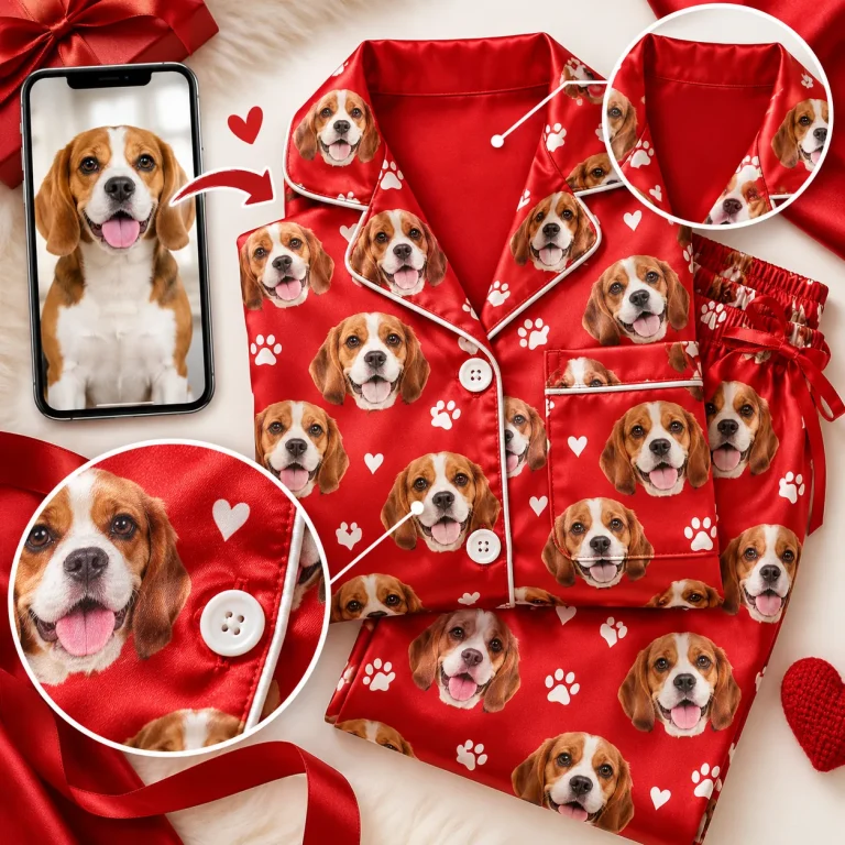 Beagle photo beside a red satin set with hearts, paws and its face — MyDogPics pet face pajamas