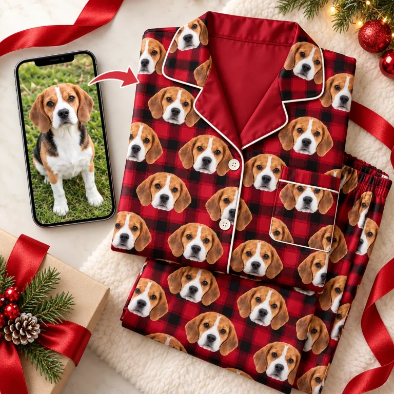 Beagle photo beside a red plaid satin set printed with its face for Christmas — MyDogPics pet face pajamas