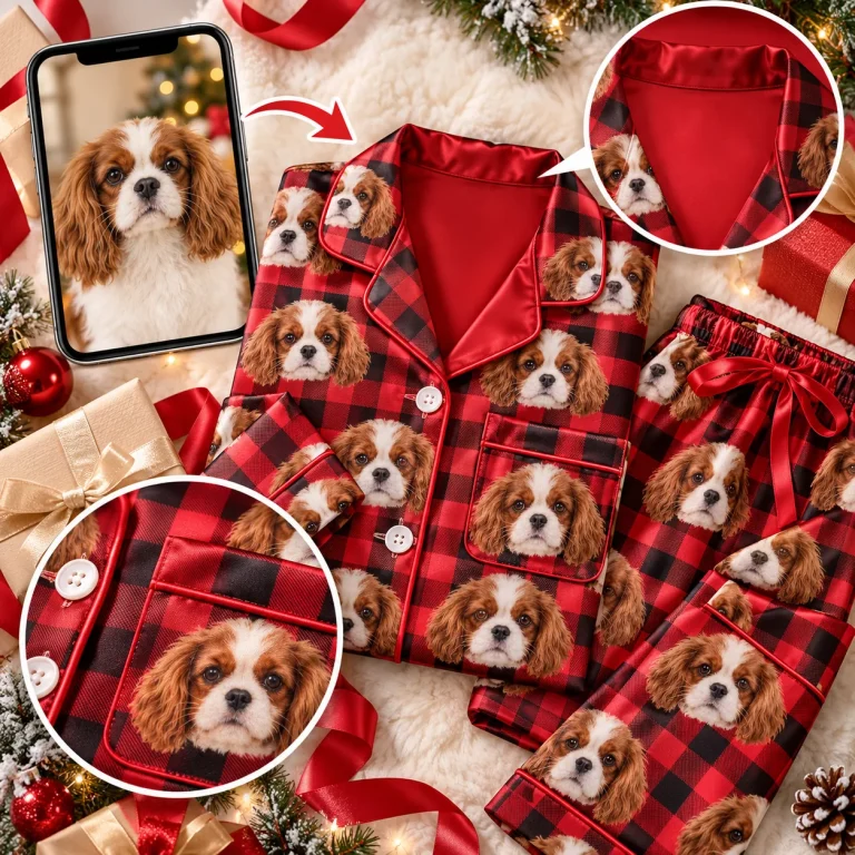 Cavalier spaniel photo beside a red plaid satin set with its face for Christmas — MyDogPics pet face pajamas