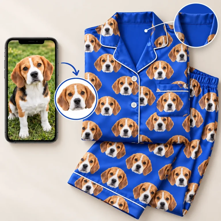 Beagle photo and cropped face beside a royal blue satin set with a plain collar lining — MyDogPics pet face pajamas