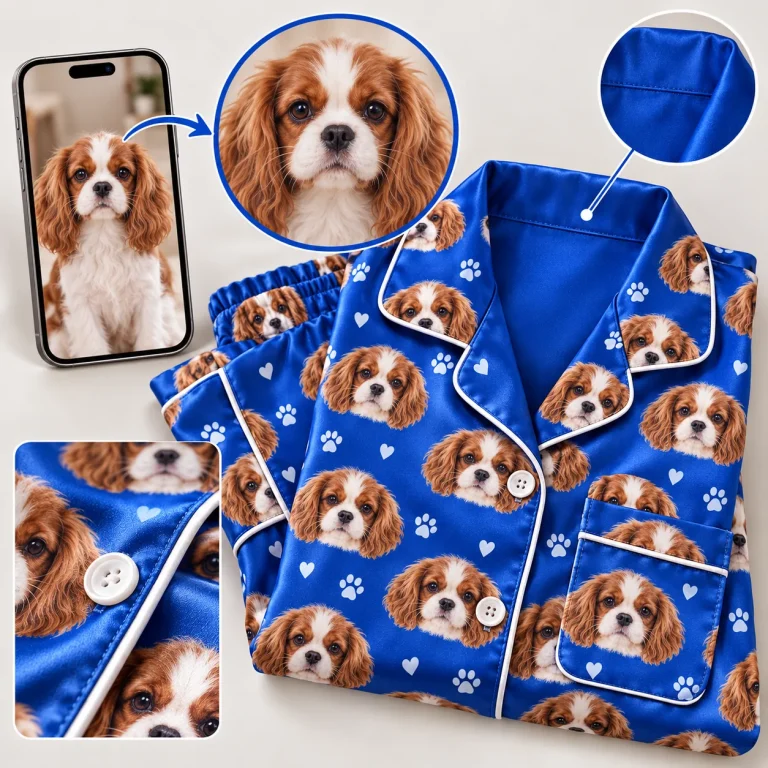 Cavalier spaniel photo beside a royal blue paw-print satin set with its face — MyDogPics pet face pajamas