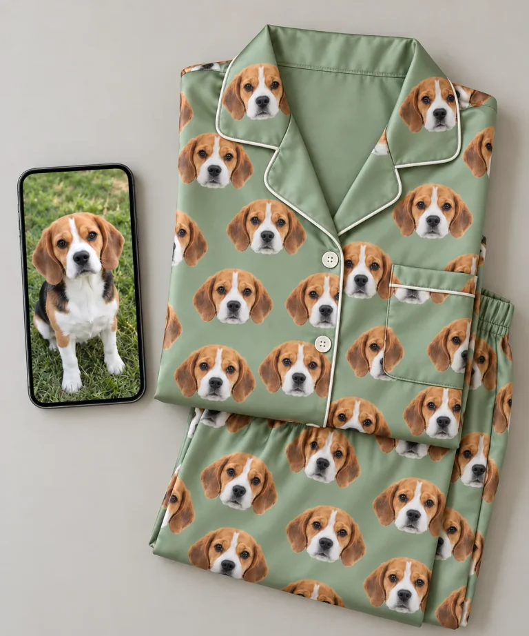 Beagle photo on a phone beside a sage satin set printed with its face — MyDogPics pet face pajamas