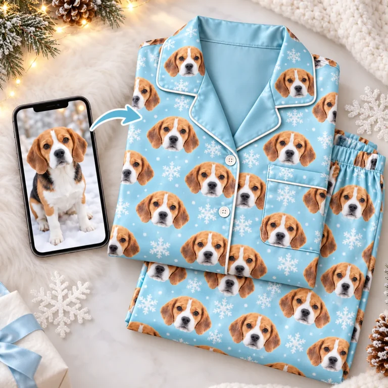 Snowy beagle photo beside a light blue snowflake satin set printed with its face — MyDogPics pet face pajamas