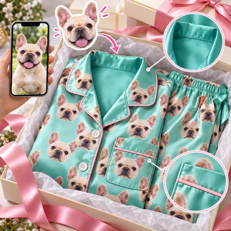 French bulldog photo beside a teal satin set printed with its face in a gift box — MyDogPics pet face pajamas