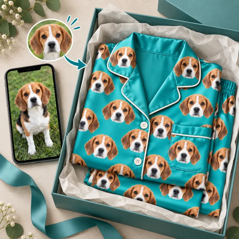 Beagle photo beside a teal satin set printed with its face in a gift box — MyDogPics pet face pajamas