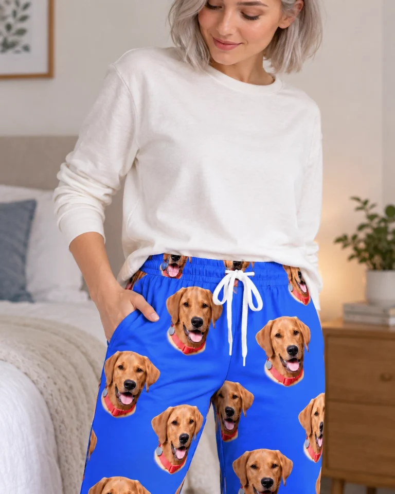Close-up of the pink pajama pants print: golden retriever faces on royal blue fabric — MyDogPics