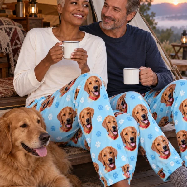 Woman and her partner in matching pink pajama pants with golden retriever faces on light blue paw-print fabric — MyDogPics
