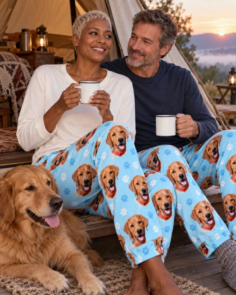 Woman and her partner in matching pink pajama pants with golden retriever faces on light blue paw-print fabric — MyDogPics