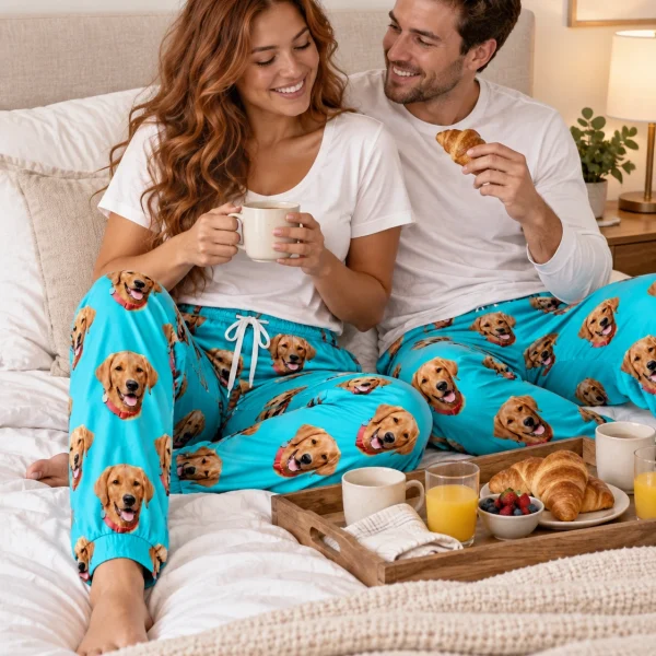 Woman and her partner in matching pink pajama pants with golden retriever faces on teal fabric — MyDogPics