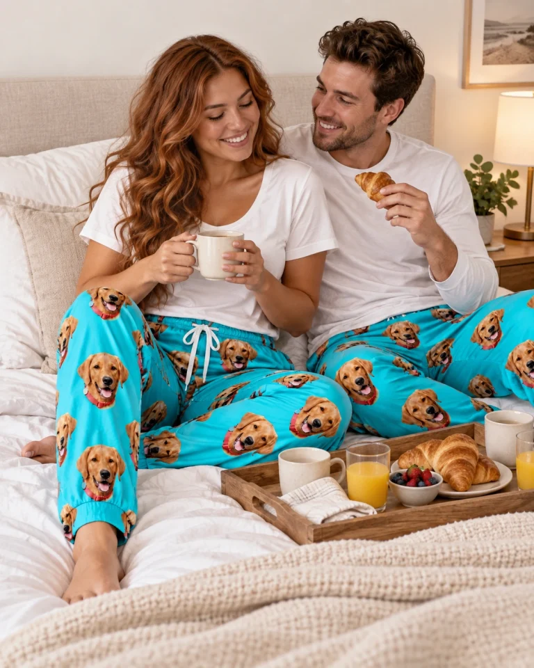 Woman and her partner in matching pink pajama pants with golden retriever faces on teal fabric — MyDogPics