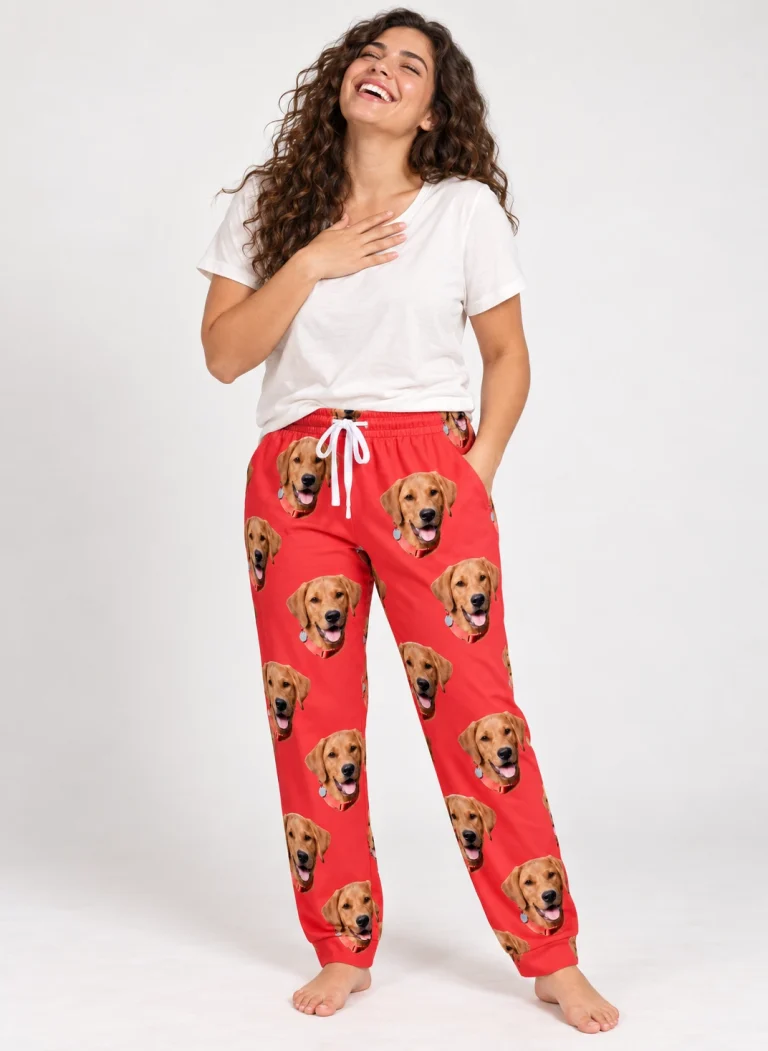 Woman wearing pink pajama pants covered in golden retriever faces on red fabric — MyDogPics