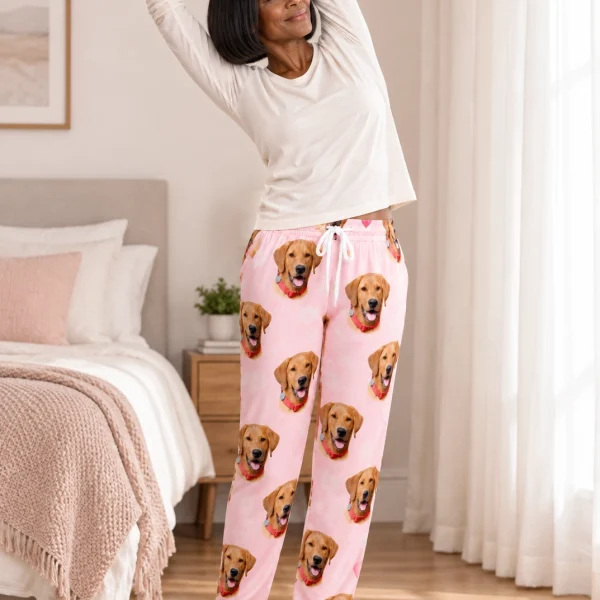 Woman posing in pink pajama pants, golden retriever faces on blush pink fabric — MyDogPics