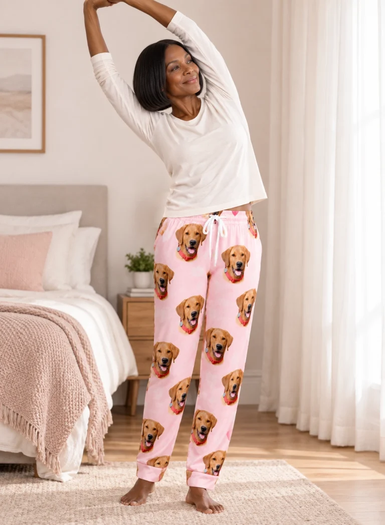 Woman posing in pink pajama pants, golden retriever faces on blush pink fabric — MyDogPics
