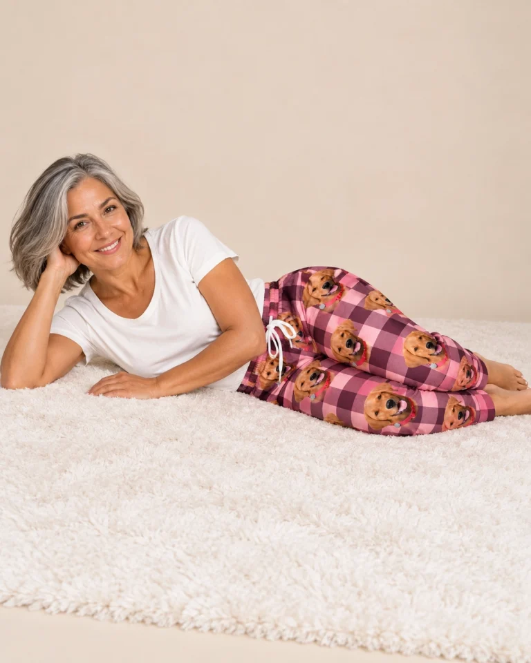 Woman posing in pink pajama pants, golden retriever faces on pink plaid fabric — MyDogPics