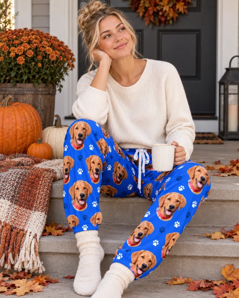 Woman sitting in pink pajama pants covered in golden retriever faces — MyDogPics