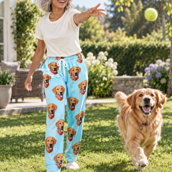 Woman in pink pajama pants with her golden retriever — MyDogPics
