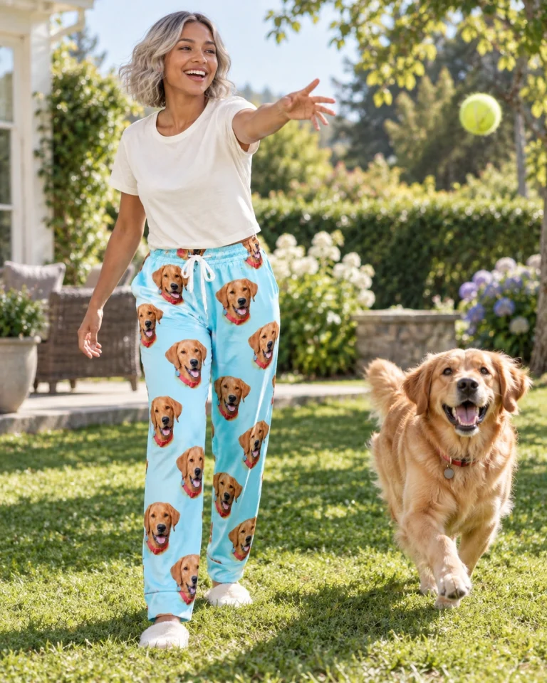 Woman in pink pajama pants with her golden retriever — MyDogPics