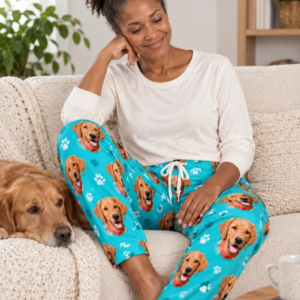 Woman in pink pajama pants with her golden retriever — MyDogPics