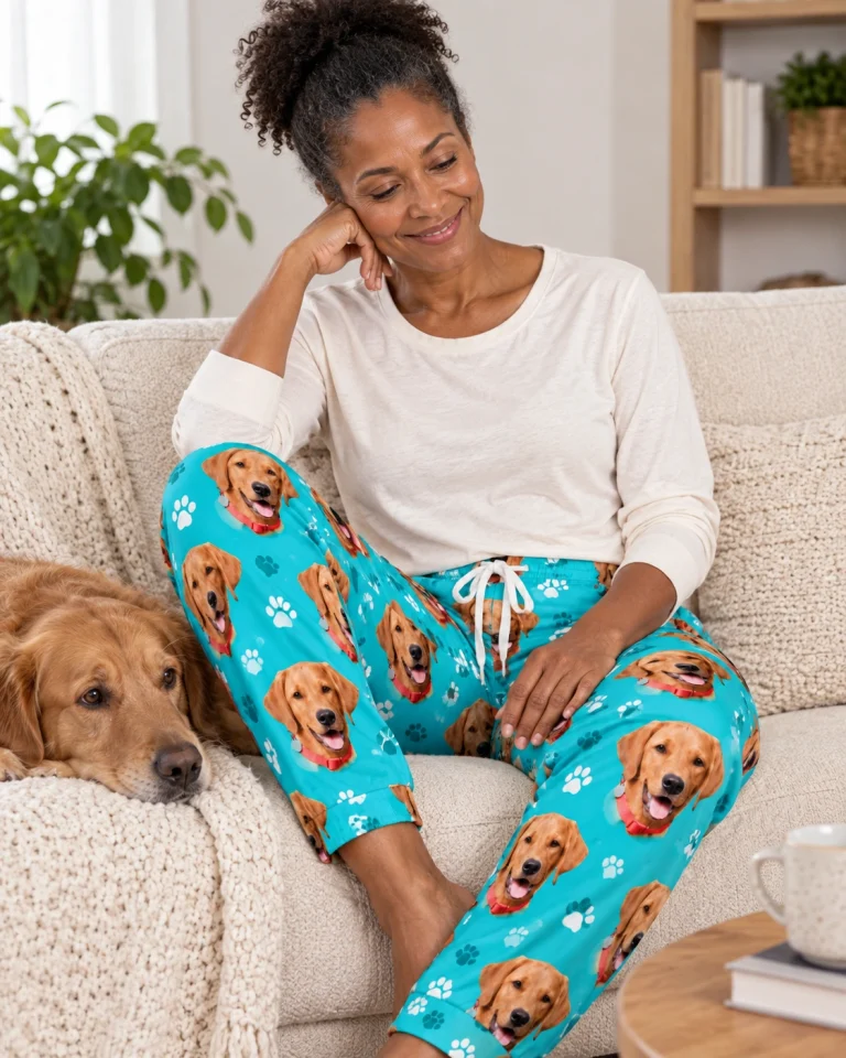 Woman in pink pajama pants with her golden retriever — MyDogPics