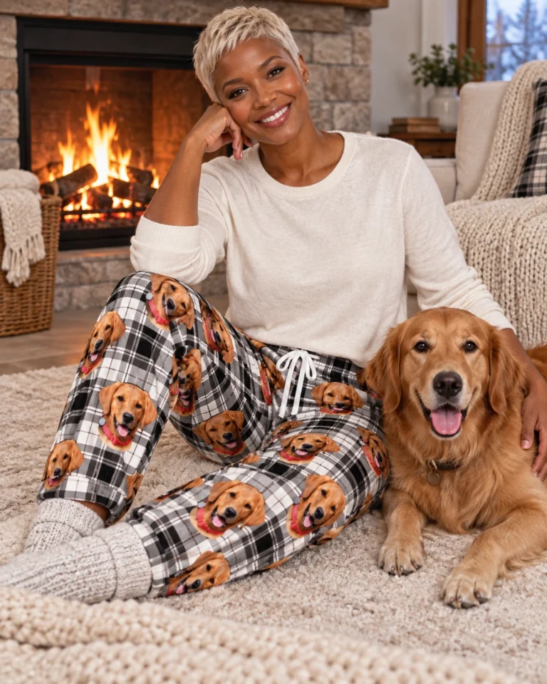 Woman in pink pajama pants with her golden retriever — MyDogPics