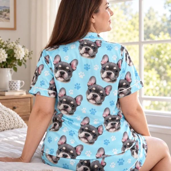 Back view of a pink pajama set: the print continues all the way round — MyDogPics
