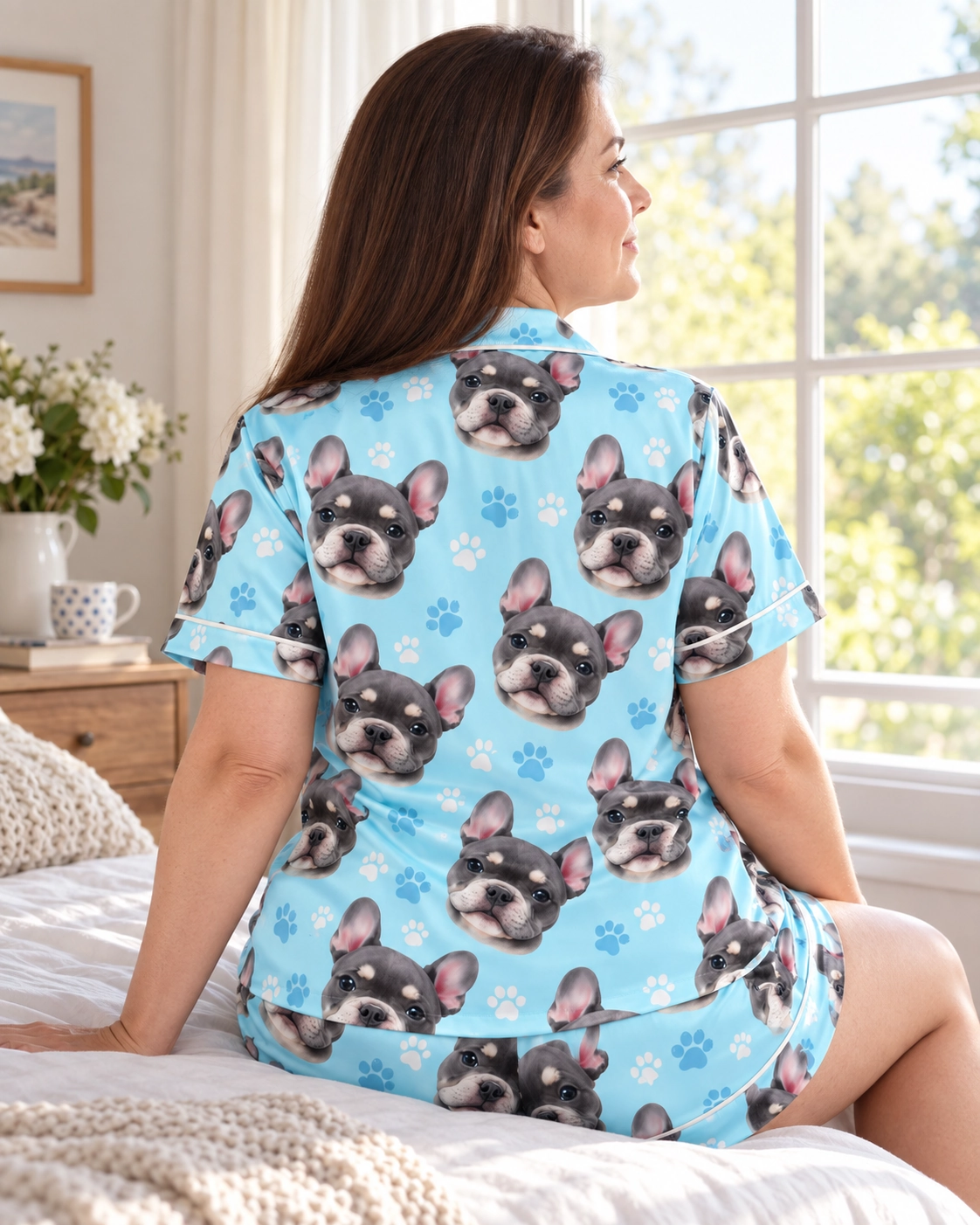 Pink Pajama Set – Back View, Light Blue Paw-Print | MyDogPics Back view of a pink pajama set: the print continues all the way round — MyDogPics