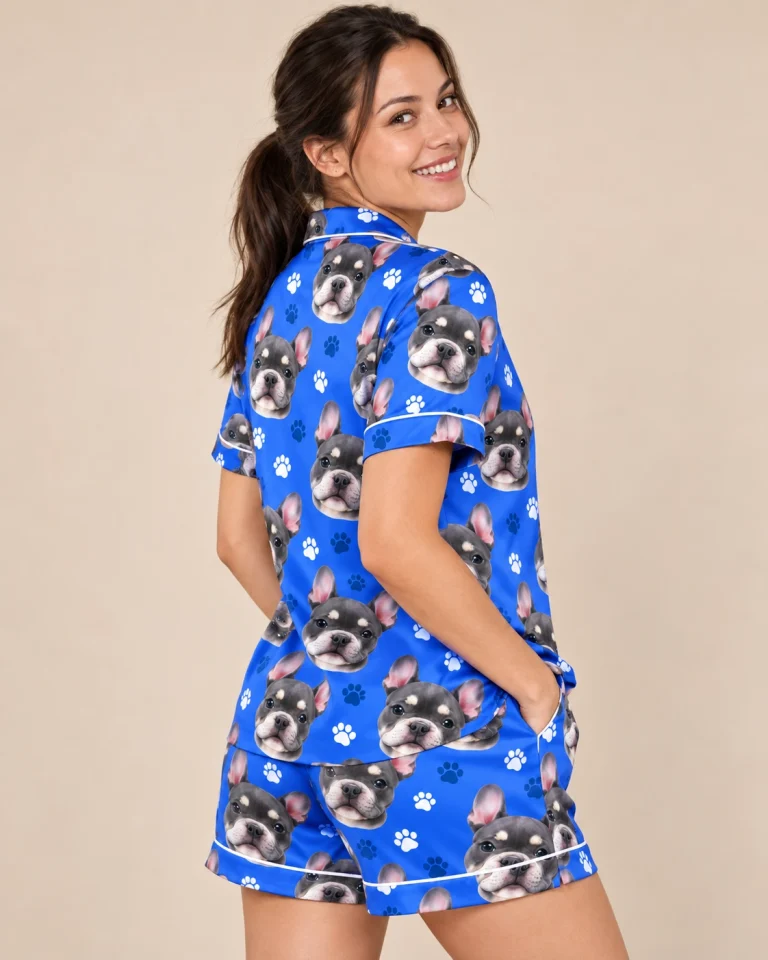 Back view of a pink pajama set: the print continues all the way round — MyDogPics