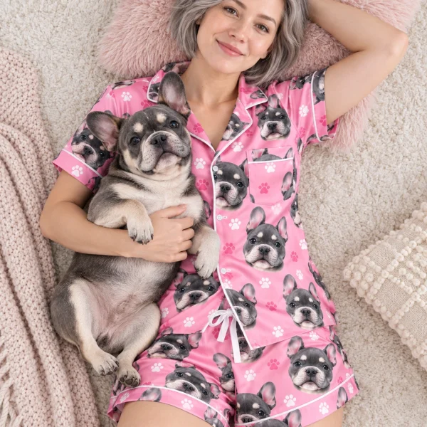 Woman in a pink pajama set cuddling her French bulldog — MyDogPics