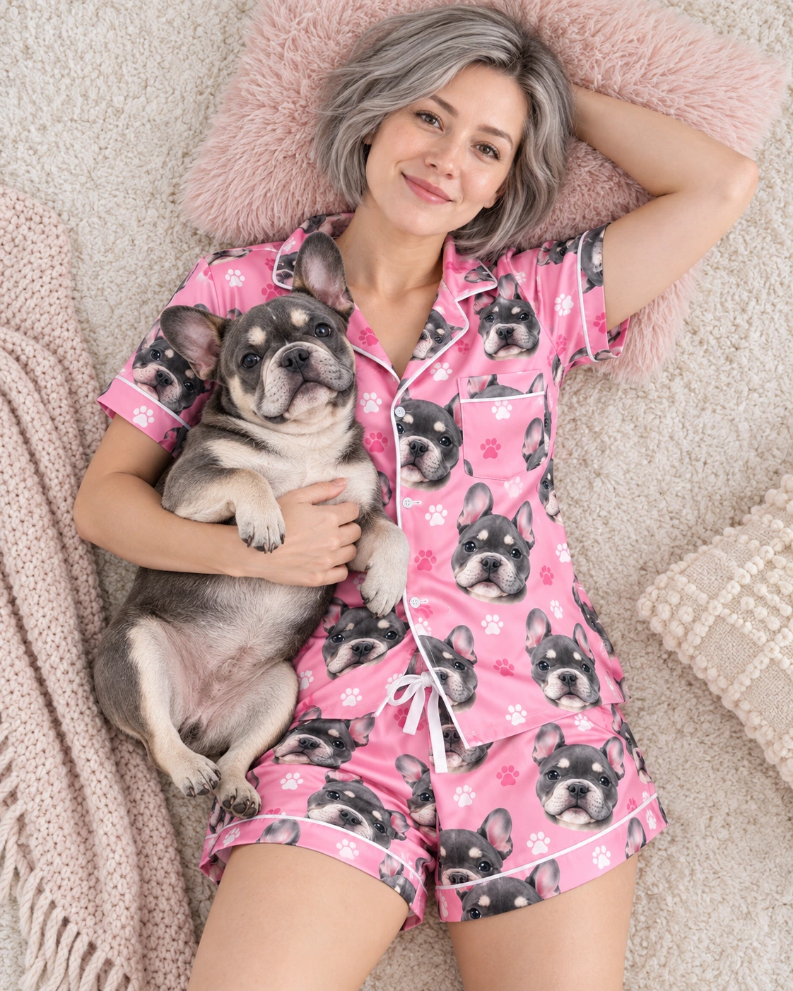 Pink Pajama Set – Cuddling Dog, Pink Paw-Print | MyDogPics Woman in a pink pajama set cuddling her French bulldog — MyDogPics