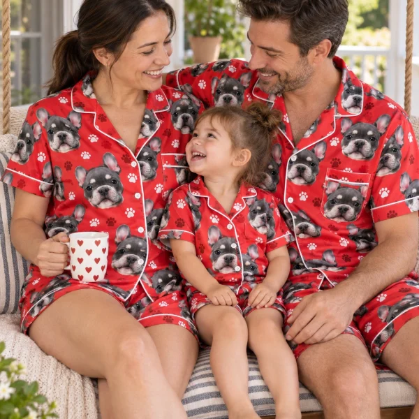Woman and family in matching pink pajama set with grey French bulldog faces on red paw-print satin — MyDogPics
