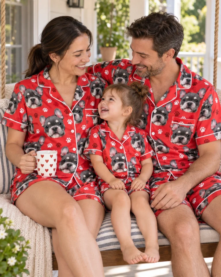 Woman and family in matching pink pajama set with grey French bulldog faces on red paw-print satin — MyDogPics